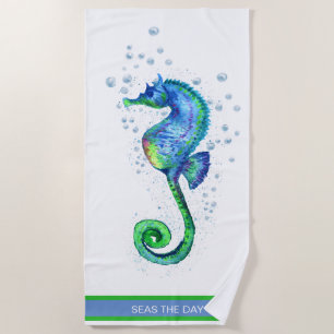 Nautical Seahorse Teal Aqua Blue Marine Custom Beach Towel