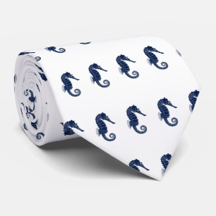 Nautical Seahorse Themed Navy on White Tie
