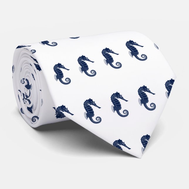 Nautical Seahorse Themed Navy on White Tie (Rolled)