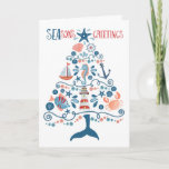 Nautical Seas and Greetings Beach Christmas Tree Holiday Card<br><div class="desc">Beach inspired Holiday greeting card features a pattern of tropical fish, lighthouse, whale tail, seashell, starfish, crab, sand dollar, sailboat, seahorse and captain's wheel in the shape of a Christmas tree with "SEAson's Greetings" in a cool nautical font. Inside has a "Warmest wishes for a Merry Christmas & Happy New...</div>