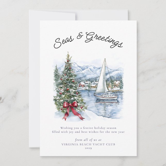 Nautical Seas & Greetings Sailboat Christmas  Holiday Card (Front)