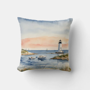 Nautical Seascape Coastal Boats Sunrise Lighthouse Cushion