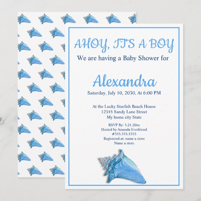 Nautical Seashell Blue Boy Baby Shower invitation (Front/Back)