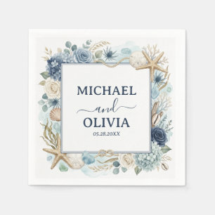 Nautical Seashell Blue Floral Ocean Theme Wedding Napkin