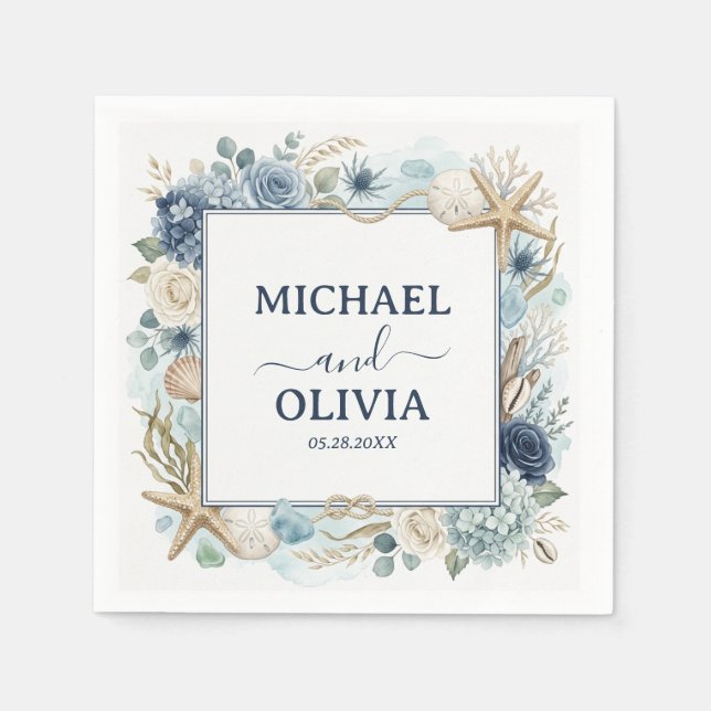 Nautical Seashell Blue Floral Ocean Theme Wedding  Napkin (Front)