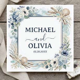 Nautical Seashell Blue Floral Ocean Theme Wedding Napkin