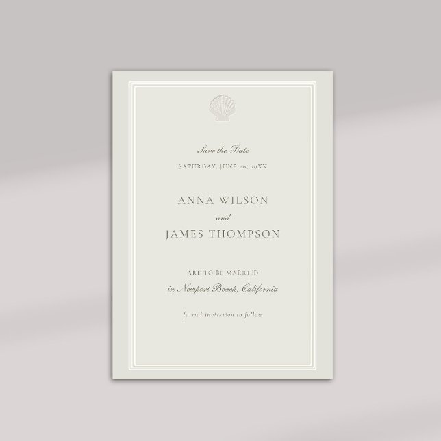 Nautical Seashell Classic Ecru Formal Wedding Save The Date (formal wedding save the date nautical beach ocean modern classic ecru triple frame calligraphy type)