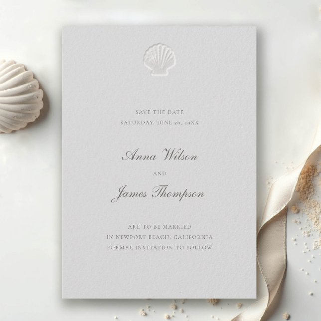 Nautical Seashell Classic Formal Ivory Wedding Save The Date (nautical wedding save the date modern classic formal traditional shell medium ivory elegant)