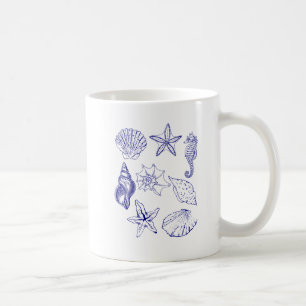 Nautical Seashell Mug – Blue Line Art Ocean cup