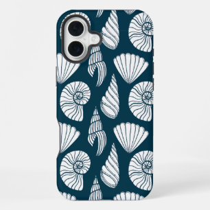 Nautical Seashell Pattern in White and Navy iPhone 16 Plus Case