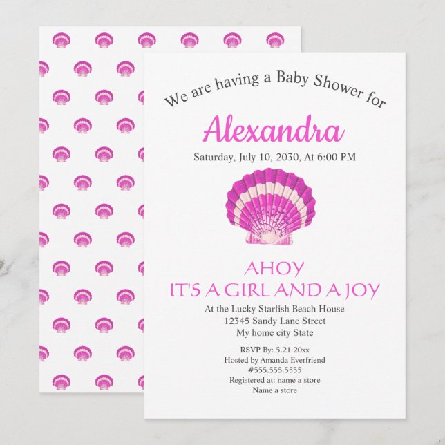 Nautical Seashell Pink Girl Baby Shower invitation (Front/Back)