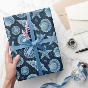 Nautical Seashell Starfish Blue and White Wrapping Paper