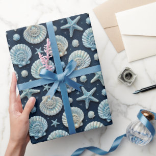 Nautical Seashell Starfish Blue and White Wrapping Paper