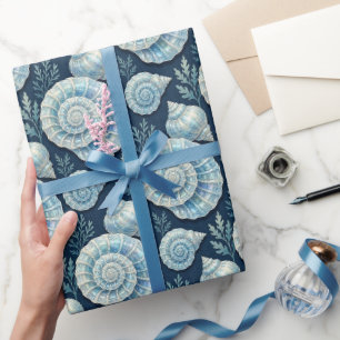 Nautical Seashell Starfish Blue and White Wrapping Paper