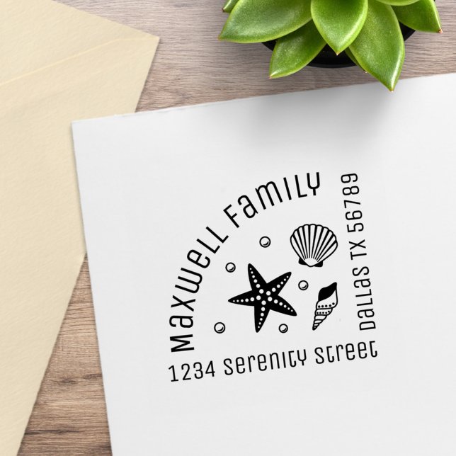 Nautical Seashell Starfish Corner Family Address Rubber Stamp (Creator Uploaded)