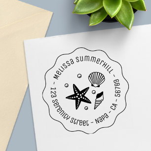 Nautical Seashell Starfish Pearls Wavy Address Self-inking Stamp