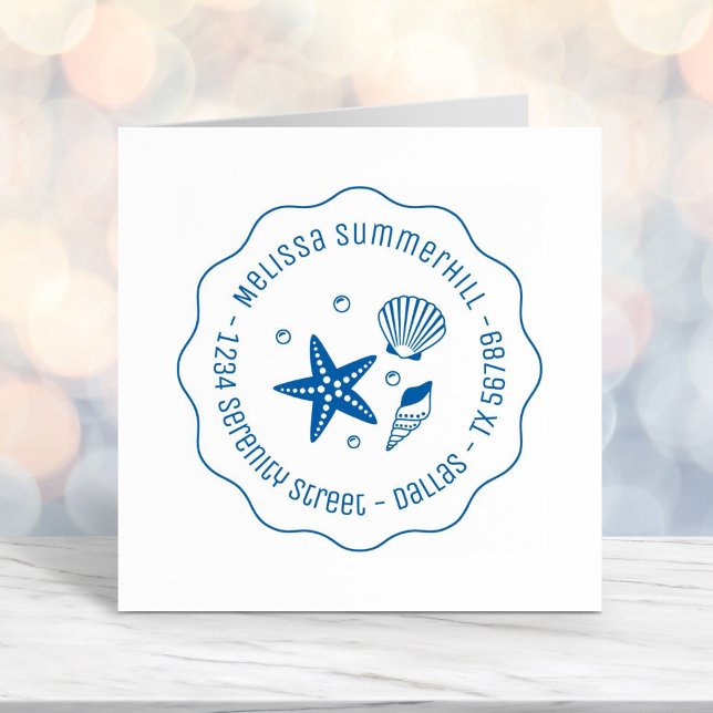 Nautical Seashell Starfish Pearls Wavy Address Self-inking Stamp (Creator Uploaded)