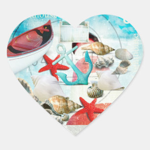Nautical Seashells Anchor Starfish Beach Theme Heart Sticker