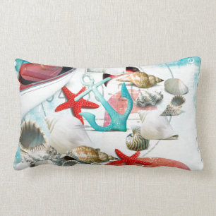Nautical Seashells Anchor Starfish Beach Theme Lumbar Cushion