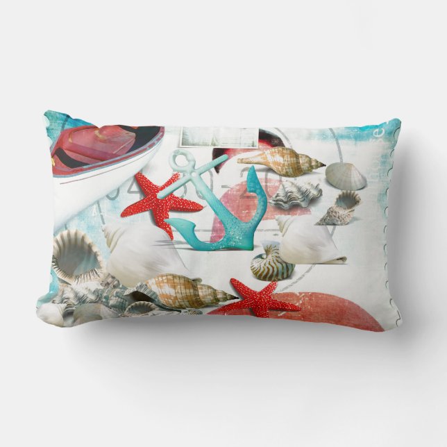 Nautical Seashells Anchor Starfish Beach Theme Lumbar Cushion (Front)