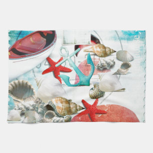 Nautical Seashells Anchor Starfish Beach Theme Tea Towel