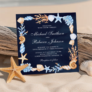 Nautical Seashells Frame All in One Navy Wedding Invitation