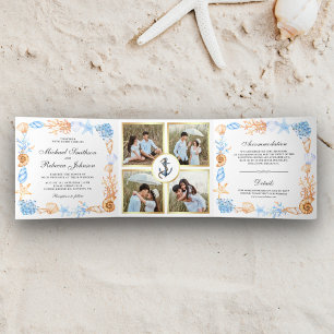 Nautical Seashells Frame Photo Collage Wedding Tri-Fold Invitation