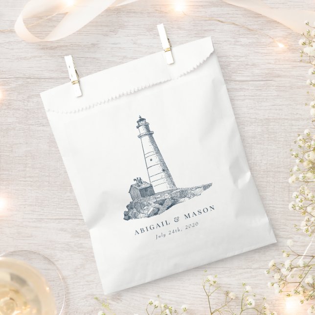Nautical Seaside Lighthouse Dark Blue Wedding Favour Bags (Clipped)