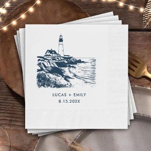 Nautical Seaside Lighthouse Dark Blue Wedding Napkin