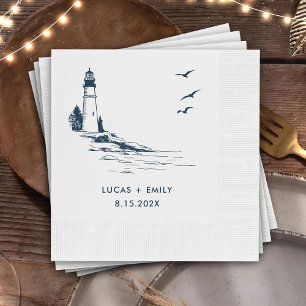 Nautical Seaside Lighthouse Dark Blue Wedding Napkin