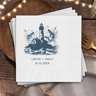 Nautical Seaside Lighthouse Dark Blue Wedding Napkin