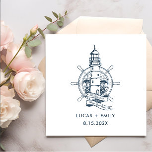 Nautical Seaside Lighthouse Dark Blue Wedding Napkin