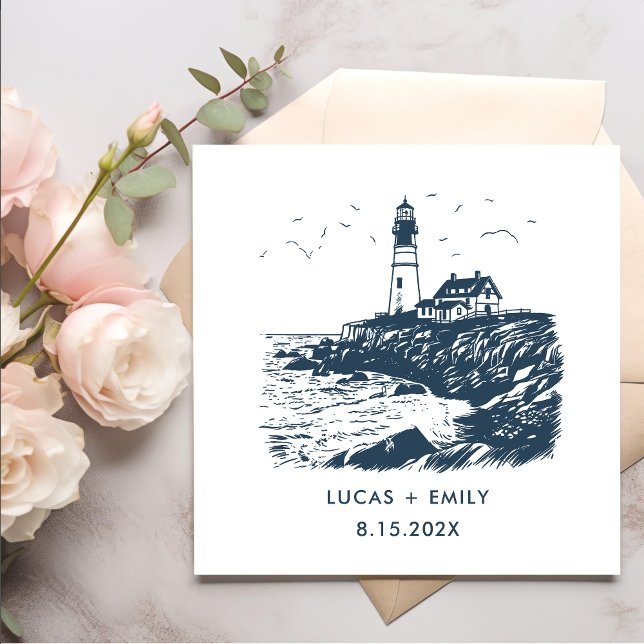 Nautical Seaside Lighthouse Dark Blue Wedding Napkin (Creator Uploaded)