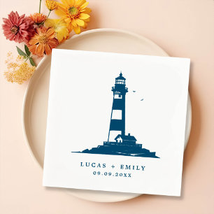 Nautical Seaside Lighthouse Dark Blue Wedding Napkin