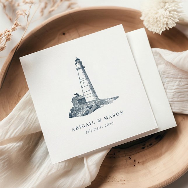 Nautical Seaside Lighthouse Dark Blue Wedding Napkin (Creator Uploaded)