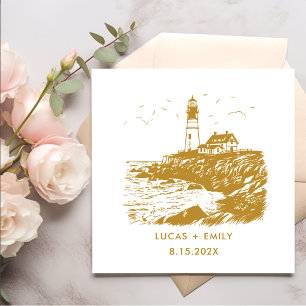 Nautical Seaside Lighthouse Gold Wedding Napkin