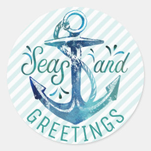 Nautical "SEAson's Greetings," Aqua Stripes Classic Round Sticker