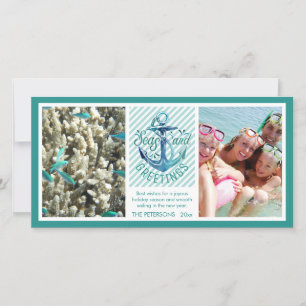 Nautical "SEAson's Greetings" - Aqua Stripes Holiday Card