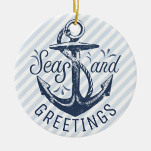 Nautical SEAsons Greetings Blue and White Stripe Ceramic Tree Decoration