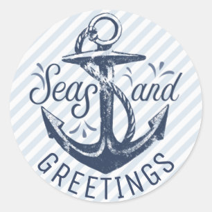 Nautical "SEAson's Greetings," Navy Blue Stripes Classic Round Sticker