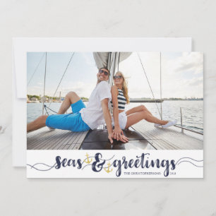 Nautical SEAsons Greetings Navy Gold Anchors Holiday Card