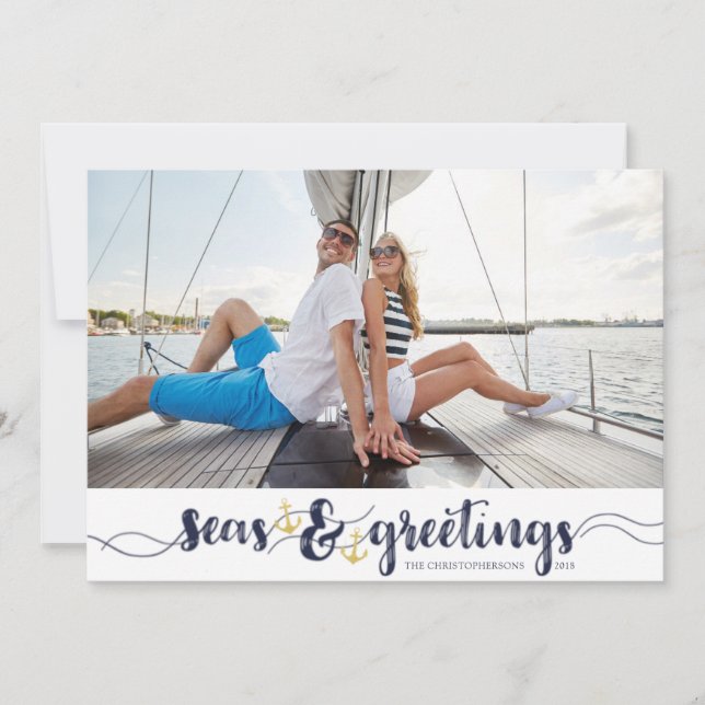 Nautical SEAsons Greetings | Navy Gold Anchors Holiday Card (Front)