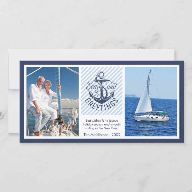 Nautical SEAson's Greetings - Navy & White Stripes Holiday Card (Front)
