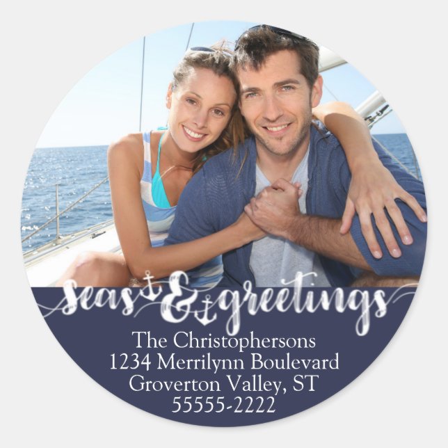 Nautical SEAsons GREETINGS Photo Return Address Classic Round Sticker (Front)