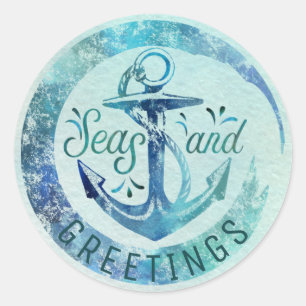 Nautical "SEAson's Greetings," Watercolor Wave Classic Round Sticker