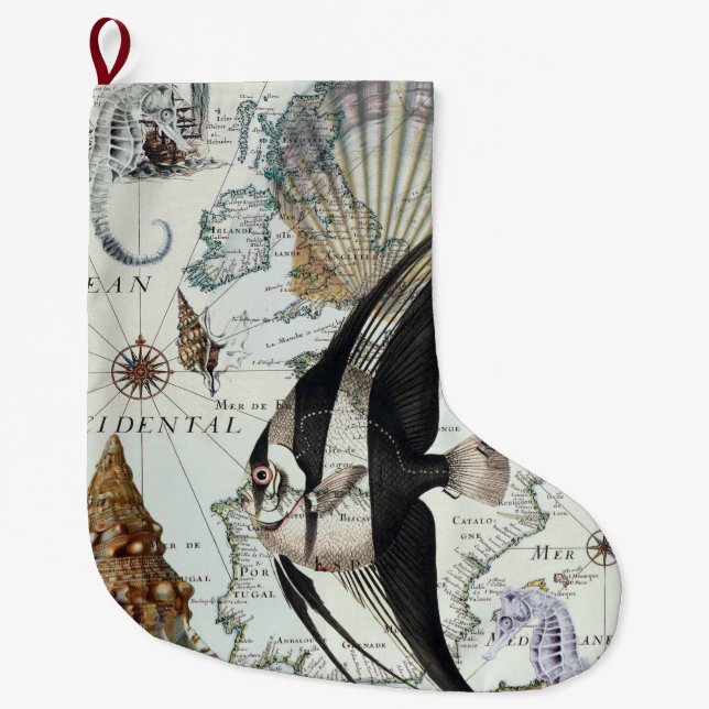 Nautical Shabby Collage Large Christmas Stocking (Front)