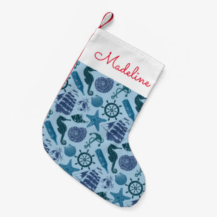 Nautical Shades Of Blue Pattern   Add Your Name Small Christmas Stocking