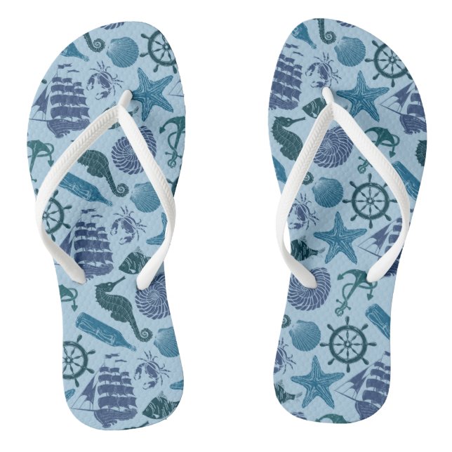 Nautical Shades Of Blue Pattern Flip Flops (Footbed)