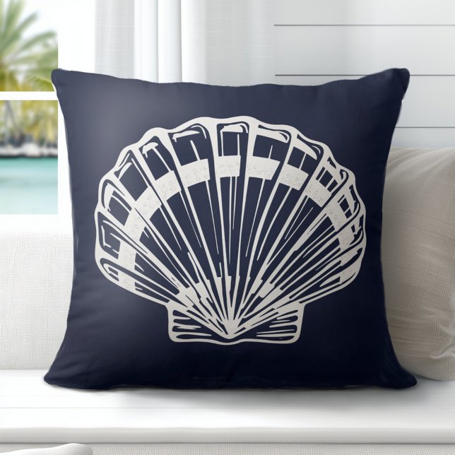 Nautical Shell Navy Blue White Cushion (Discover Gorgeous Coastal Throw Pillows by Totally Coast.)