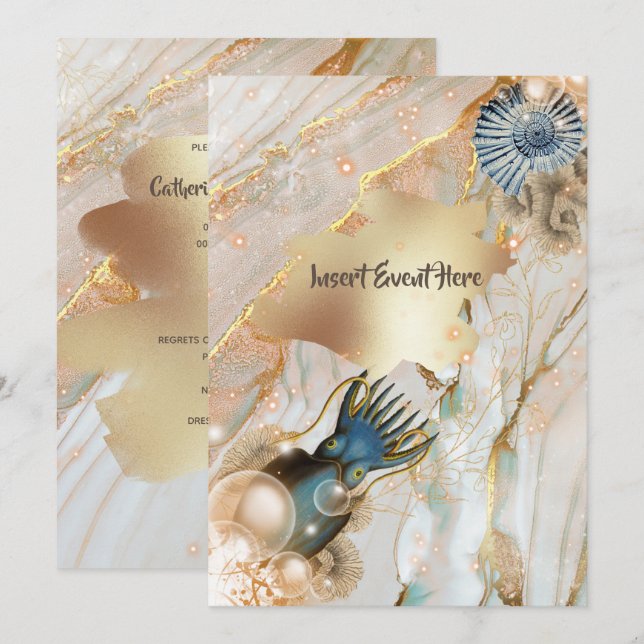 Nautical shell squid marble gold watercolor chic invitation (Front/Back)
